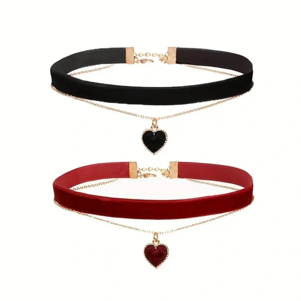 Elegant Heart Pendant Choker Necklace Set. 2 pcs red & black Necklace ❤️